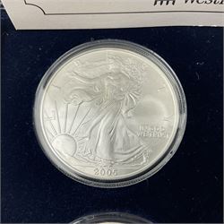 Four one ounce fine silver coins, forming 'The 2005 Famous World Silver Coin Collection', comprising United States eagle, Australian kangaroo, Chinese panda and Canadian maple leaf, cased with Westminster certificate 