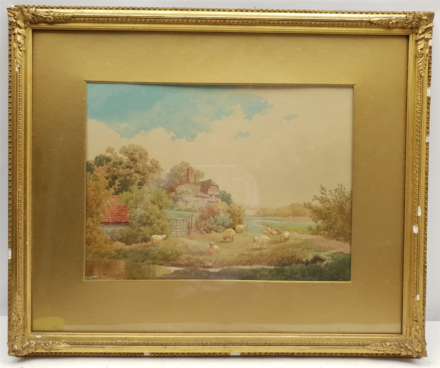 Albert Edward Bowers (British fl.1875-1893): Sheep Grazing by a Country House, watercolour signed 27cm x 37cm