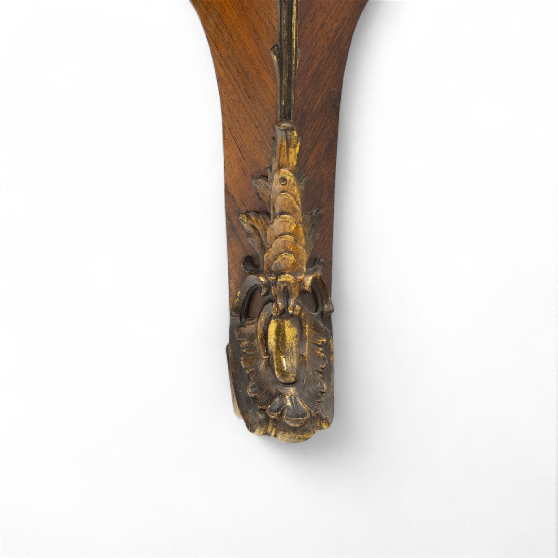 Early 20th-century Louis XV revival Vernis-Martin style bombe-shaped kingwood cabinet, serpentine-shaped variegated Breccia Pernice marble top with moulded edge, the front panel decoration with a painted romantic pastoral scene, interior with two shelves, flanked by gilt bronze masks, sides with diagonally book-matched veneer, bordered by gilt bronze scrolling acanthus mounts, raised on short cabriole form legs with gilt-bronze sabots, key included 