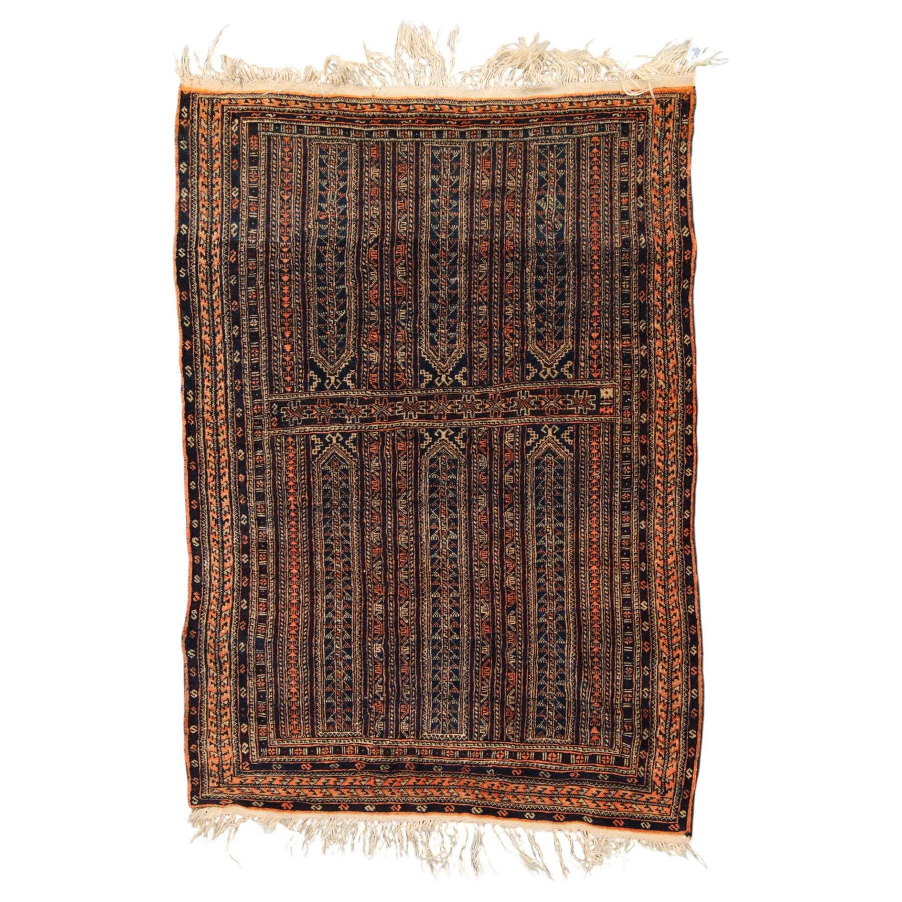 North Persian indigo ground tribal rug, the field decorated with stylised geometric motifs within vertical rows, the guard stripes with repeating hook motifs