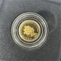 Queen Elizabeth II Tristan da Cunha 2020 'Pre-decimal 50th Anniversary' gold proof one-eight sovereign, Alderney 2021 'George and the Dragon 200th Anniversary' gold proof one-eight sovereign, both being 1 gram of 22 carat gold and Alderney 2021 'Queen's 95th Birthday' gold proof one eighth sovereign coin being 0.917 grams of 24 carat gold, all with certificates