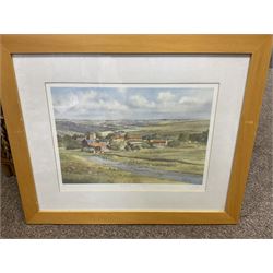 G A Townsend (British 20th century) 'The Trout Inn', watercolor signed and dated; M C W (British 20th century) The Wolds watercolor signed and dates, together with another watercolour and three landscape prints