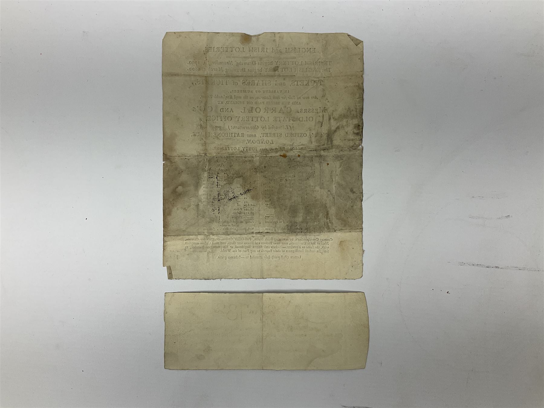 1799 Irish Lottery Ticket for the November 18th lottery signed by A. Higinbotham; together with a hand bill advertising the lottery and the English lottery March 3rd 1800 (2)
