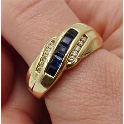 Gold square cut sapphire and round brilliant cut diamond, channel set three row ring, stamped 14KT