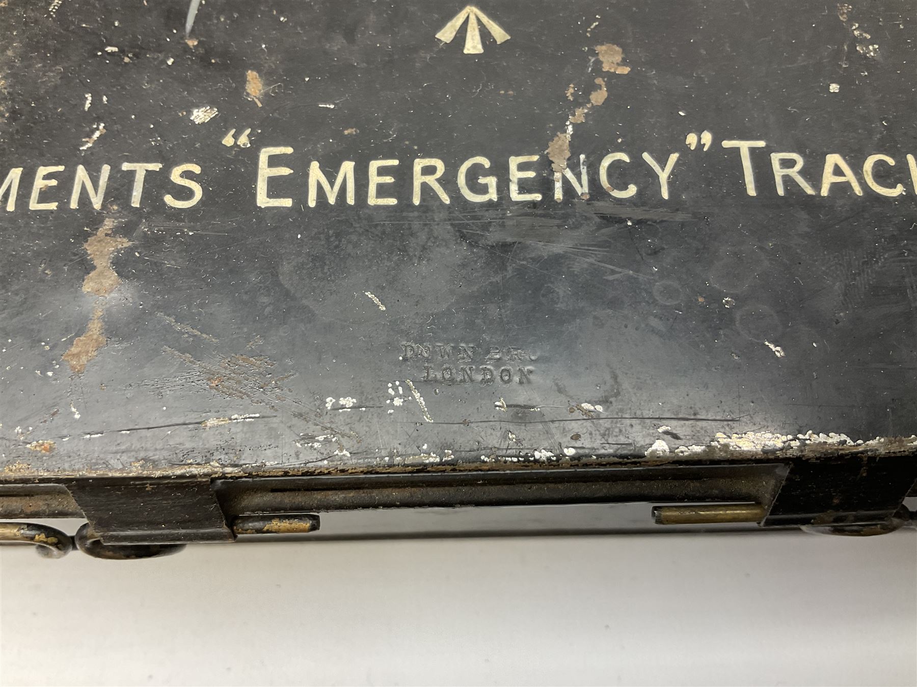 WW2 British Army RAMC 'Regimental Medical Pannier', well marked externally and dated 1941, stamped May 1943 internally, canvas covered wicker form with leather edges, hinged top and fall front with two rope carrying handles, fitted iron locking straps with securing chains; contains various unused field dressings and bandages with WW2 dates and two pillows; original label under lid L79cm