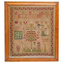 Victorian sampler by Alice Maria Sherwood aged 11, dated 1865, finely worked with religious scenes of 'Abel keeping sheep' and 'Cain tilling the land', decorated with apple tree motif within a floral border, 49cm x 43cm 