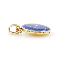 Victor Mayer for Fabergé 18ct gold pendant, guilloche blue enamel circular locket set with a single round brilliant, with a diamond set bail, stamped 750, boxed with certificate
