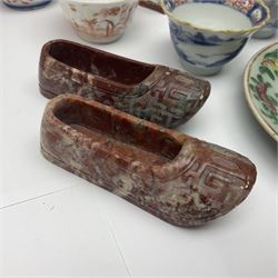 Three imari vases, of various forms, pair of soapstone shoes, together with a set of five tea bowls and other oriental ceramics  