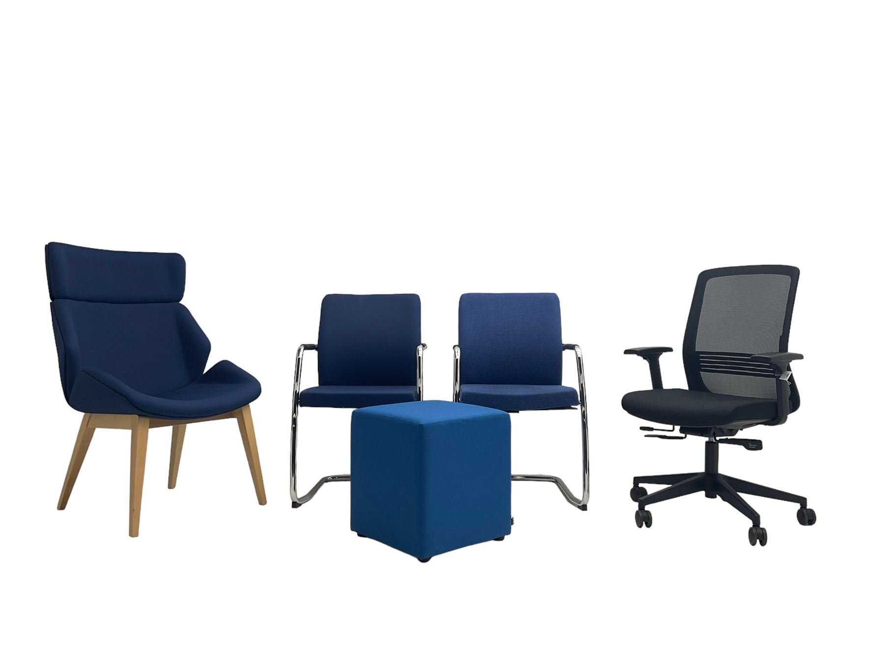 Elite - black office swivel chair (W61cm H98cm); together with Elite - pair office armchairs and high back office chair, upholstered in navy blue; and office cube