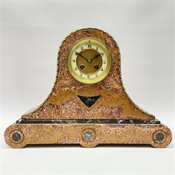 Late 19th century variegated marble dome top mantel clock, the circular dial with Arabic chapter ring above black marble inlay, twin train driven 'Japy Freres' movement striking the hours and half on bell, the case mounted with decorative trailing brass bead, scrolled base with black marble roundels