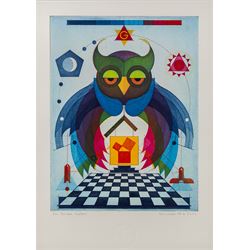 Hans-Joachim 'Jockel' Reisner (German 1938-2023): Majestic Owl, coloured etching signed an...