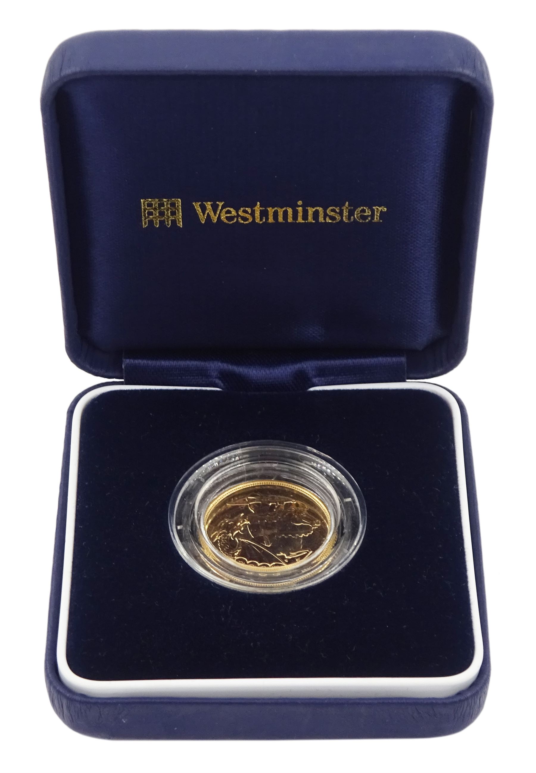 Queen Elizabeth II 2005 gold full sovereign coin, housed in a Westminster case