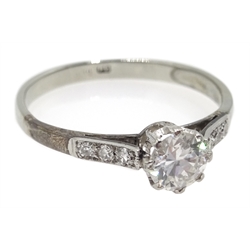  18ct white gold single stone diamond ring, with diamond set shoulders, stamped 18, central diamond approx 0.35 carat  