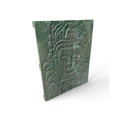 Pair of South East Asian carved wooden panels, depicting Buddha or Deity faces