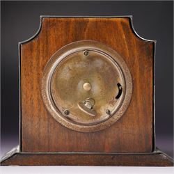 Arts and Crafts planished pewter mantel clock, possibly Tudric for Liberty & Co, with inlaid blue enamel in the form of two leaves, apparently unmarked, 11.5cm 