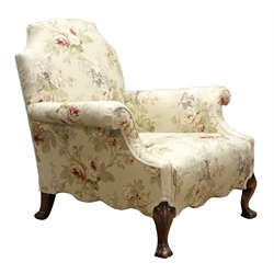  George lll style Armchair, with shaped arched back, scroll arms and shaped apron upholstered in Rose Chinz, on moulded cabriole legs with scroll feet, W98cm, H85cm, D74cm  