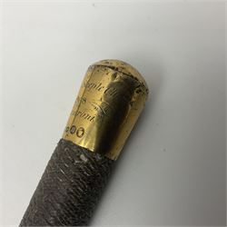 Victorian Callow & Son Park Lane presentation riding crop, the hallmarked 15ct gold mount inscribed  'B.M. from J.S. L. Gatcombe Steeple Chases 1868 