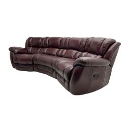 La-Z-boy - large three seat curved sofa, fitted with with end recliners, upholstered in maroon leather