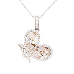 18ct white and rose gold diamond butterfly pendant necklace, the pendant set with vari-cut...