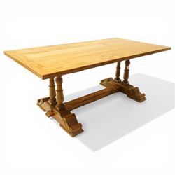 Baker Furniture - 'Baluster' range mango wood dining suite, comprising a refectory dining table raised on twin pillars with scrolled bases, with six chairs including two carvers, with gilt mounts and neutral upholstery