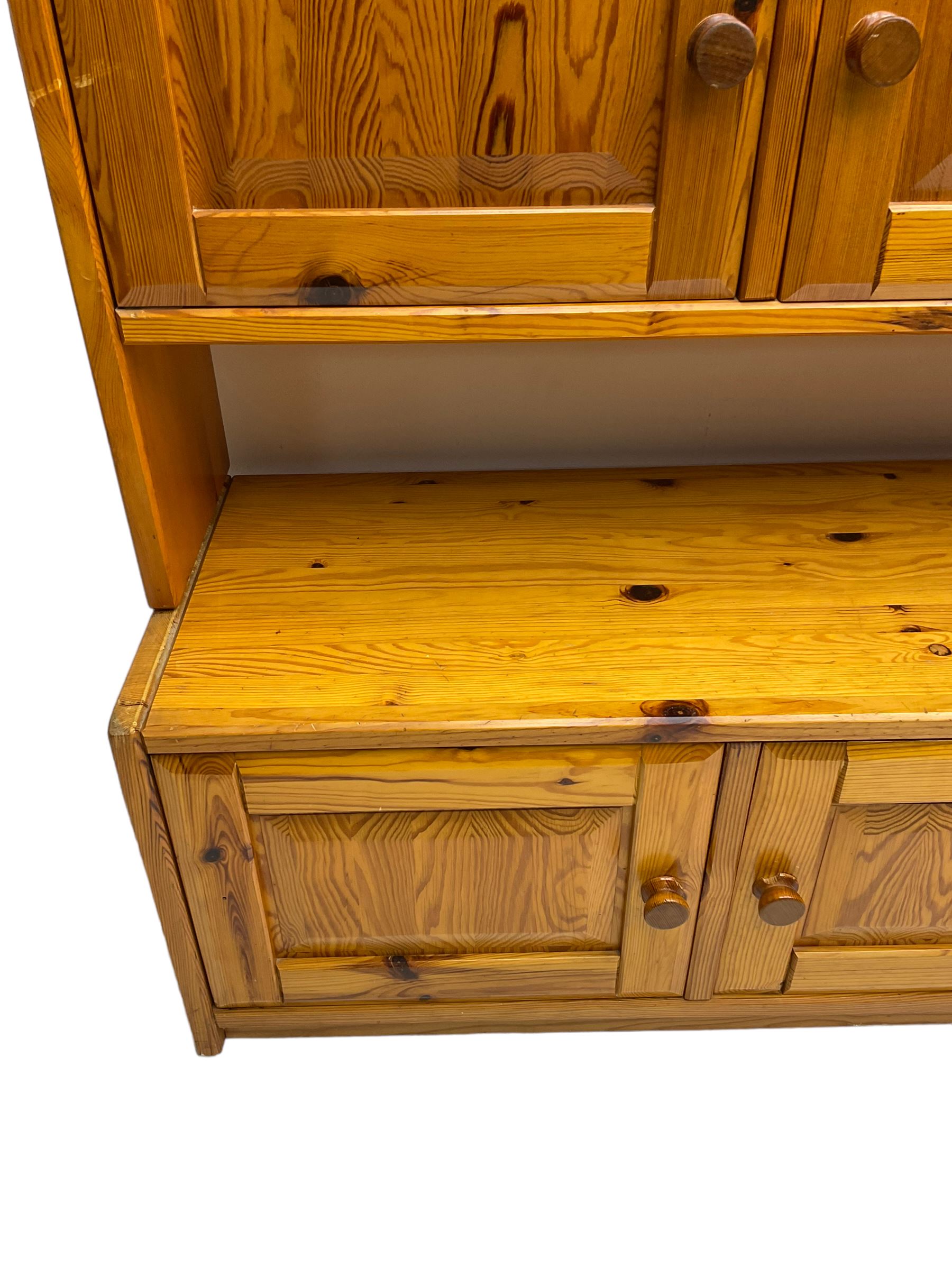 Mid-20th century pitch pine wall unit, fitted with assorted shelves and cupboards 