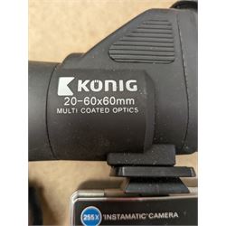Konig 20-60x60mm spotting scope, Kiron 80-200mm f/4.5 macro lens and two Kodak Instamatic cameras 