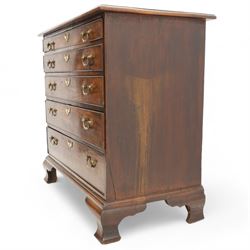 George III mahogany chest, moulded rectangular top over five long cock-beaded drawers, each fitted with brass swan neck handles and circular plates, with shaped brass escutcheons, lower moulding over ogee bracket feet 