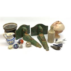 A mixed group of assorted collectables, to include an Georgian silver open salt, hallmarks worn and indistinct, a pair of painted wooden wall brackets, modelled in the form of parrots, a toleware planter, with twin lion mask ring handles and detailed in gilt with a quiver of arrows, Victorian Parian jug, with registration lozenge beneath, Crown Derby paperweight modelled as a robin, with gold stopper, two Royal Copenhagen birds, a bronze paperweight modelled in the form of a duck, Crummles enamel box, etc. 