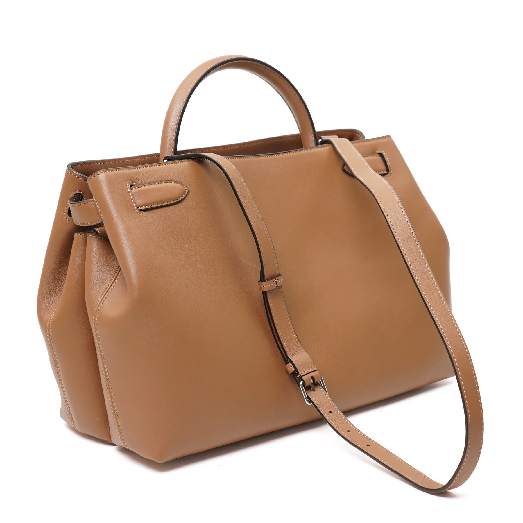 Mulberry - Islington handbag in Teak Silky Calf leather with black piping, the structured body with single rolled top handle, gold-tone Postman’s Lock fastening and front strap detail, with detachable and adjustable shoulder strap, opening to a spacious two-division interior with Mulberry monogram fabric lining, with original Mulberry product tag, care booklet and dust bag