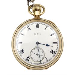 Early 20th century gold-plated keyless lever pocket watch by Elgin, U.S.A, No. 27217564, white enamel dial with subsidereary seconds dial, on silver Albert chain, each link hallmarked, with two silver fobs