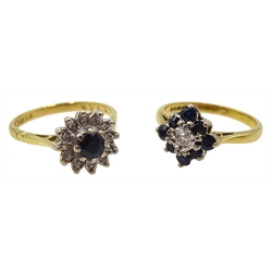 Two 18ct gold diamond and sapphire cluster rings, hallmarked
