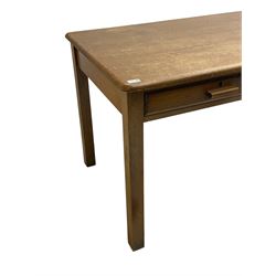 Mid-20th century oak and beech desk, rectangular top over two drawers, on square supports