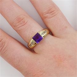9ct gold princess cut amethyst ring, with diamond set shoulders, hallmarked