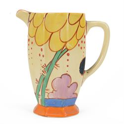 Clarice Cliff Summerhouse pattern, Athens shape jug, circa 1930, with printed Fantasque ma...