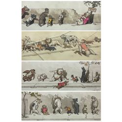 Arthur 'Boris' Klein (French  1893-1985): 'L' Etourdie' 'Sus au Curieux' 'Chacun Son Tour' 'Comme Nos Maitres' 'A La Queue' 'W.C. Prive' and 'O' Liberte', seven etchings with hand colouring signed and titled in pencil from the 'Dirty Dogs of Paris' series 16cm x 44cm (7)