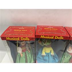 Four Mayfair Products Musical Dolls of Many Lands; original boxes and delivery boxes; and set of twelve Nationality Dolls with Sleeping Eyes; boxed (16)