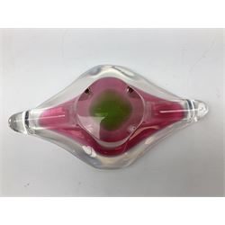 Art glass pink and green dish with white lined rim, L29cm