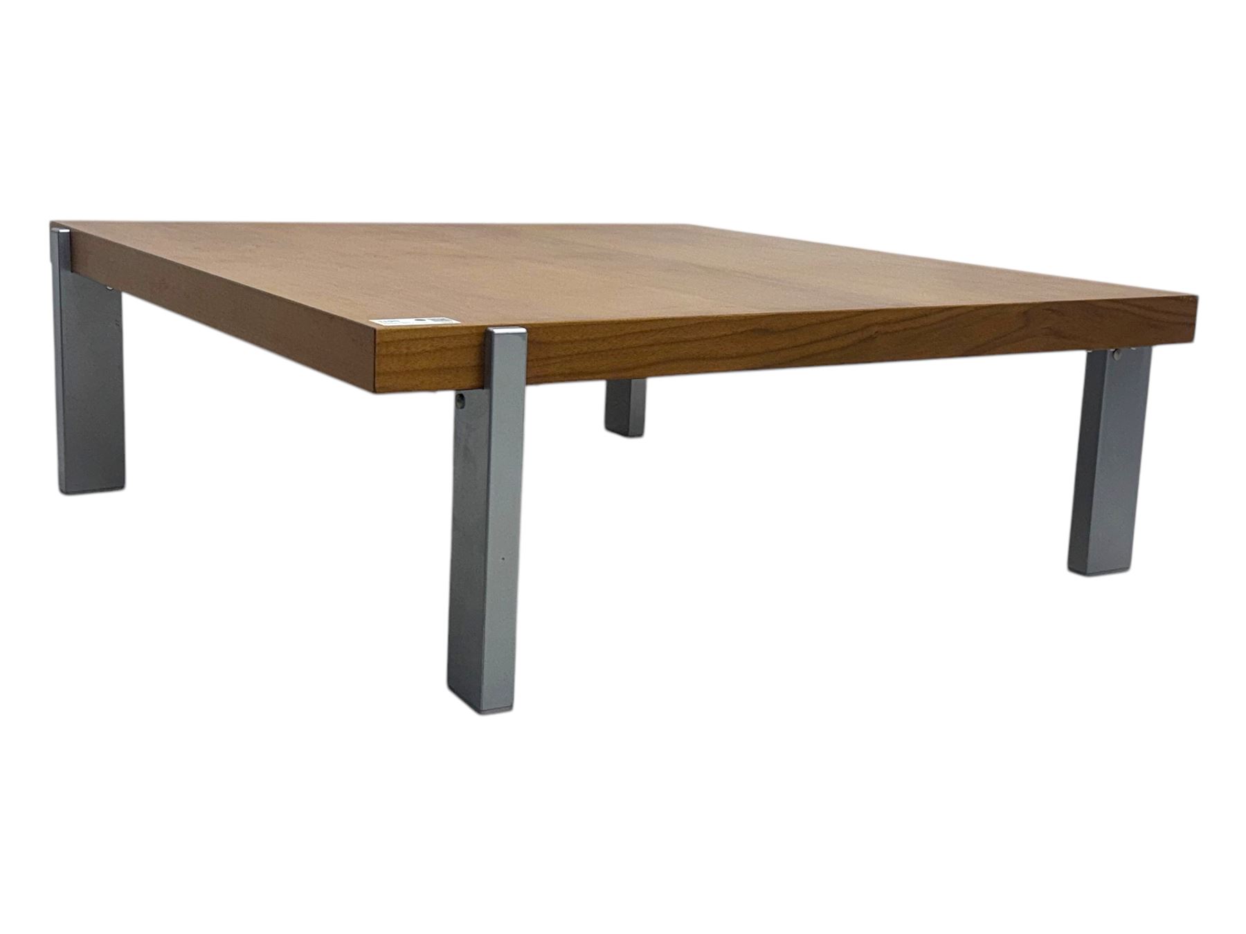 BoConcept - contemporary walnut coffee table, square top with clean lines and minimalistic design, supported by silver brush metal supports