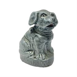 Suffragette blue glazed moulded ceramic dog, inscribed Votes For Women, H9cm
