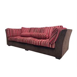 Collins & Hayes - grande three seat sofa upholstered in chocolate fabric, the loose cushions upholstered in textured fuschia stripes with contrasting spotted bolster cushions