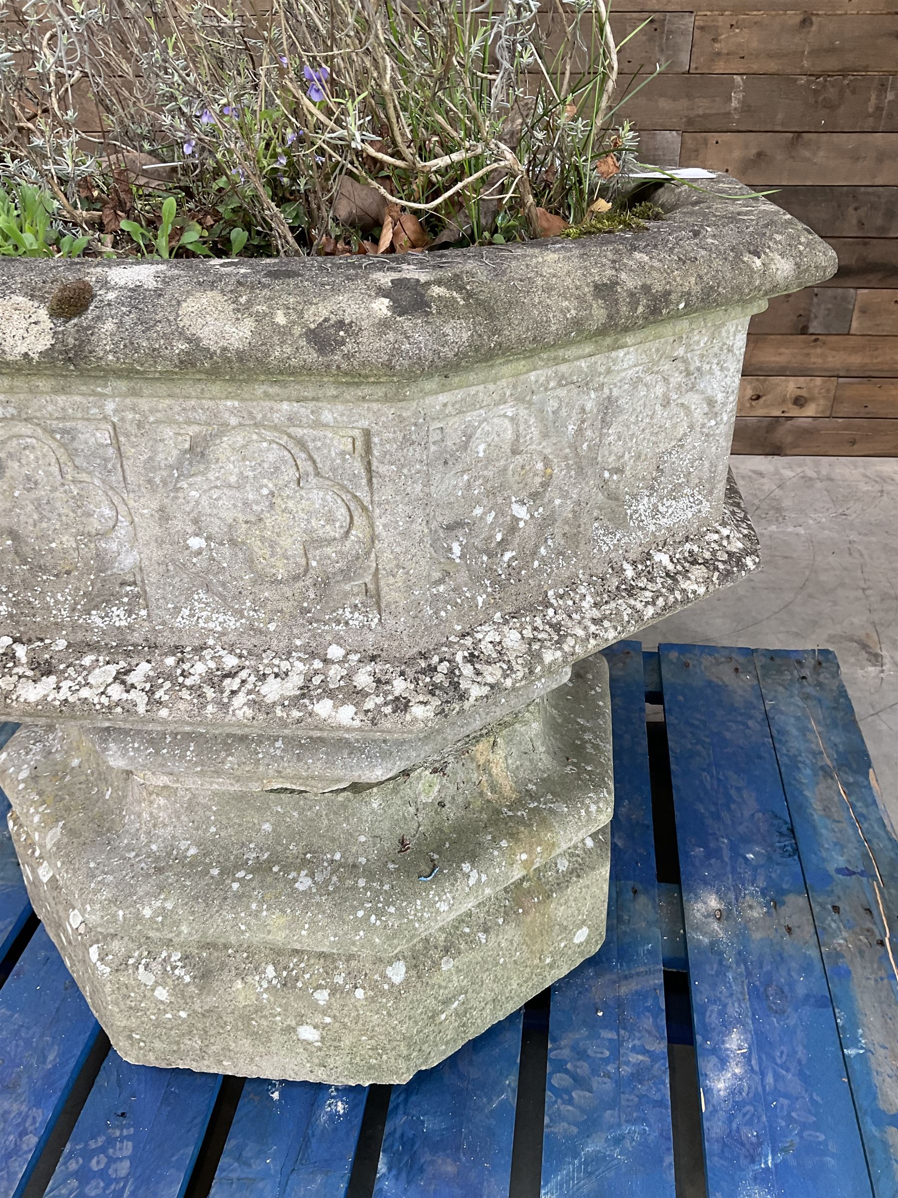 Large gothic design octagonal cast stone centre-piece urn olanter, quatrefoil decoration 
