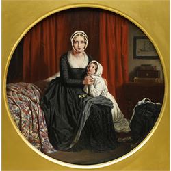 Walter Francis Tiffin (British fl.1845-1867): Portrait of a Lady in Mourning with Young Girl in a Bedroom Interior, circular oil on panel signed and dated 1850 verso 25cm x 25cm