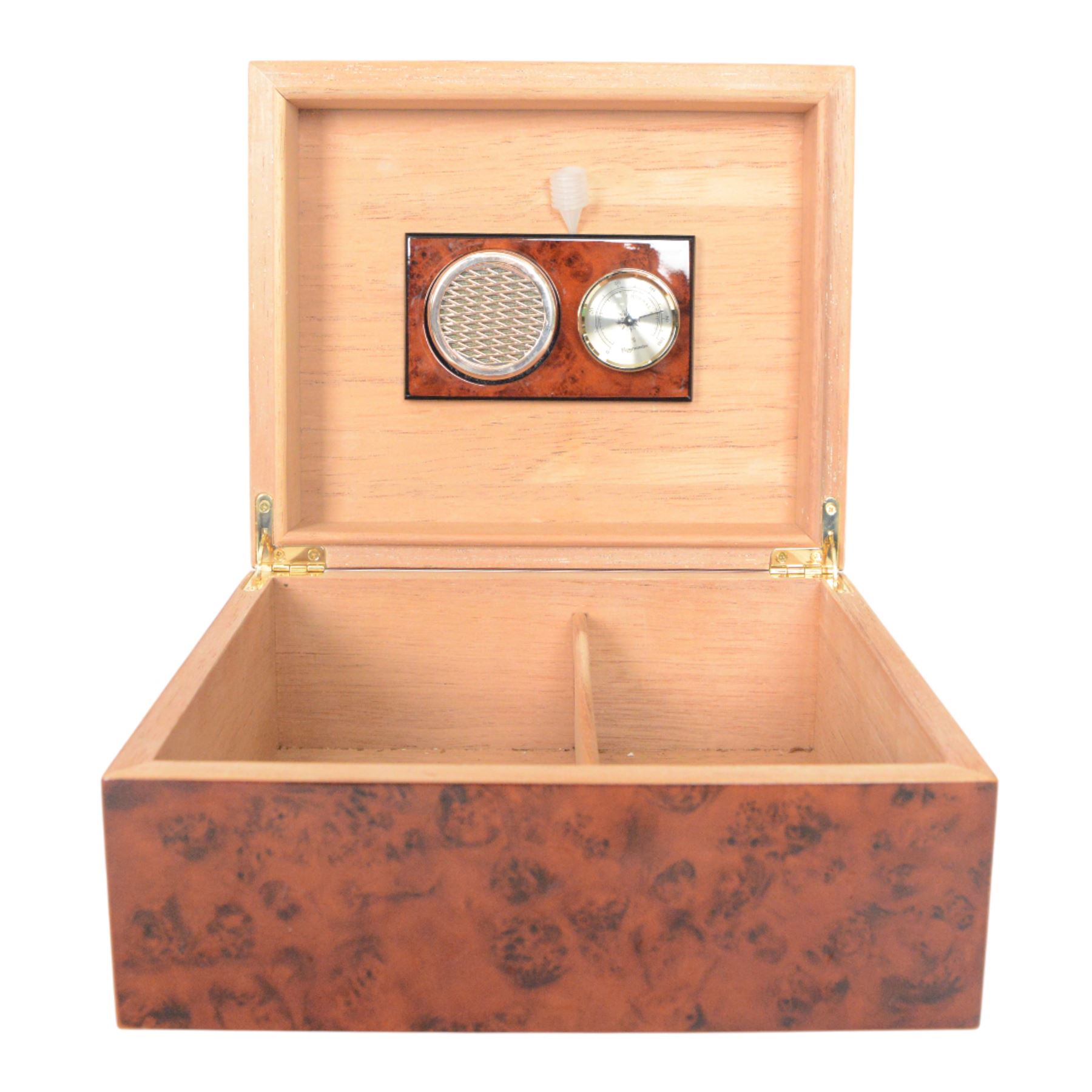 Birdseye maple humidor, together with watch organiser, the hinged lid opening to ten cushioned sections, with draw beneath  