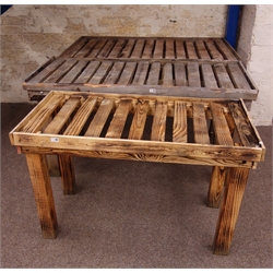  Three wood slatted potting tables, (W158cm x2, W125cm x1)  