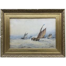 Frederick James Aldridge (British 1850-1933): ‘Crabbers Returning in a Squall’, watercolour signed, titled on frame 34cm x 52cm 
Provenance: private collection, purchased David Duggleby Ltd 23rd June 2017 Lot 18; exh. 32nd Dudley Gallery Art Society Exhibition 1896 no. 242, label verso