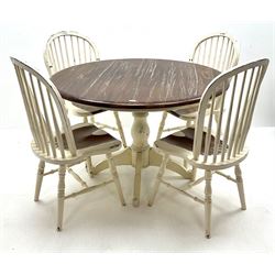 Laura Ashley Bramley range French style cream pedestal dining table with polished top (D120cm, H78cm) and set four stick back chairs, turned supports joined by stretchers (W48cm)