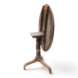 George III country oak tilt-top tripod table, circular snap-top on turned vasiform pedestal with three splayed supports