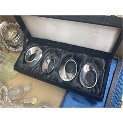 Uranium green glass vase, together with cranberry glass jug, glass dish with silver plate rim, glass cruet set etc, in two boxes 