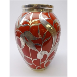 Bavarian silver overlay vase designed by Friedrich Wilhelm Spahr, stamped Spahr 1000/10, H25cm   