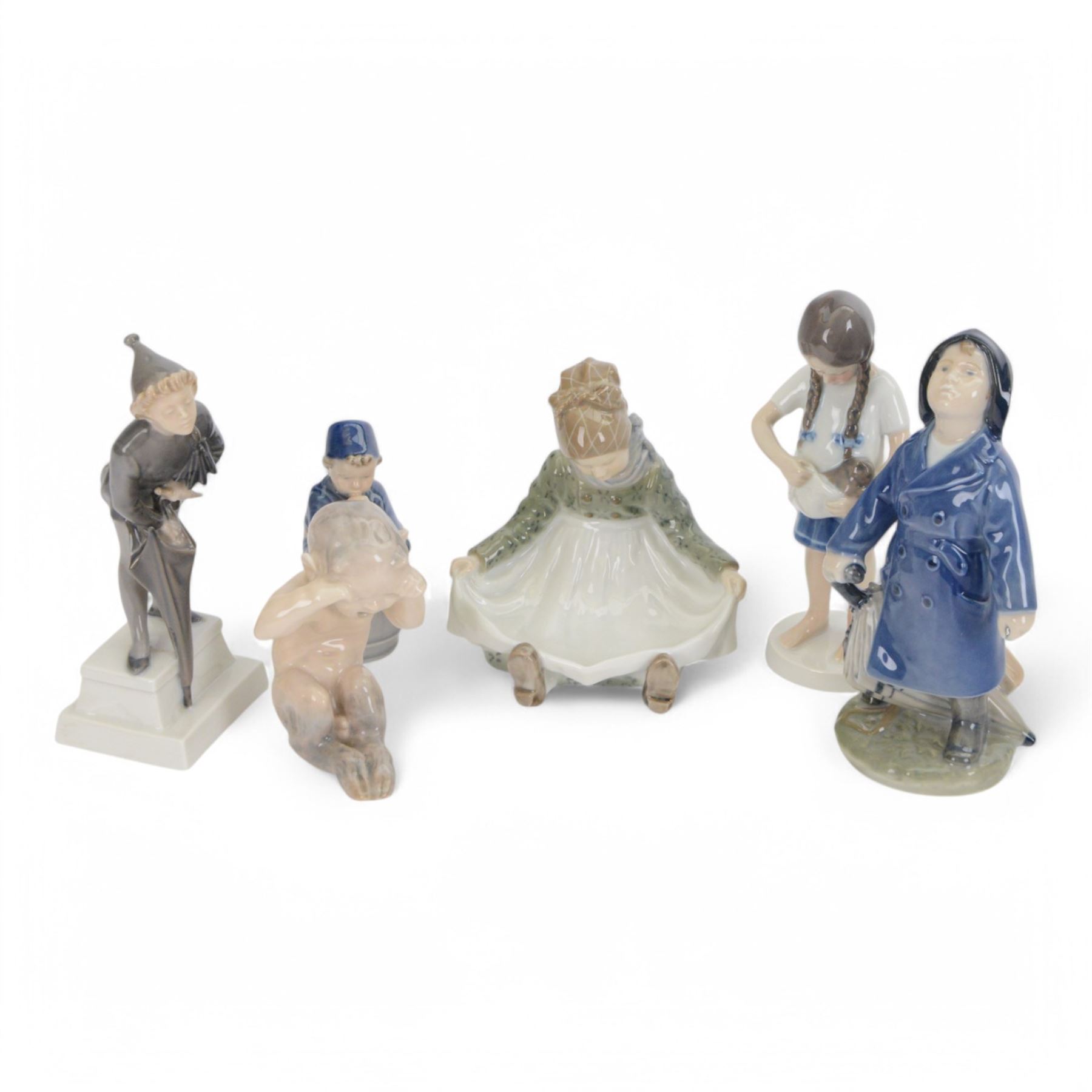 Six Royal Copenhagen figures, including Boy with Horn no 3689, Seated Fanoe Girl No.1315, The Sandman no. 1129 etc